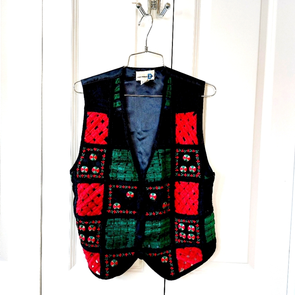 Red, Green, Black Velvet Latice Vest Christmas Medium Paul Harris‎ Holiday Y2k